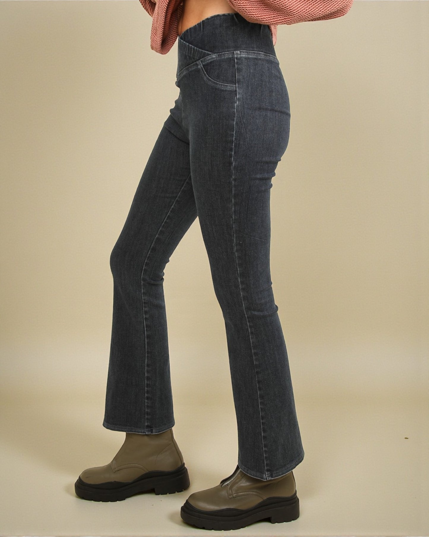 Black Wash V-Waist Pull-On Flare Jeans