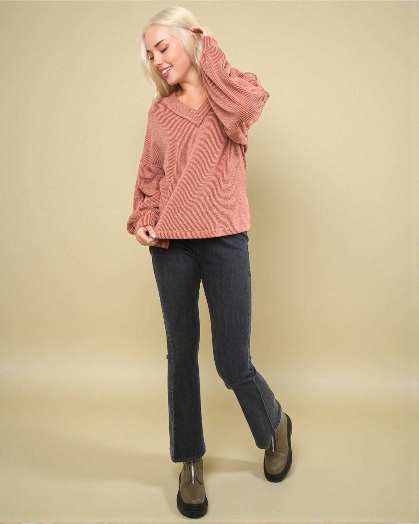 Black Wash V-Waist Pull-On Flare Jeans