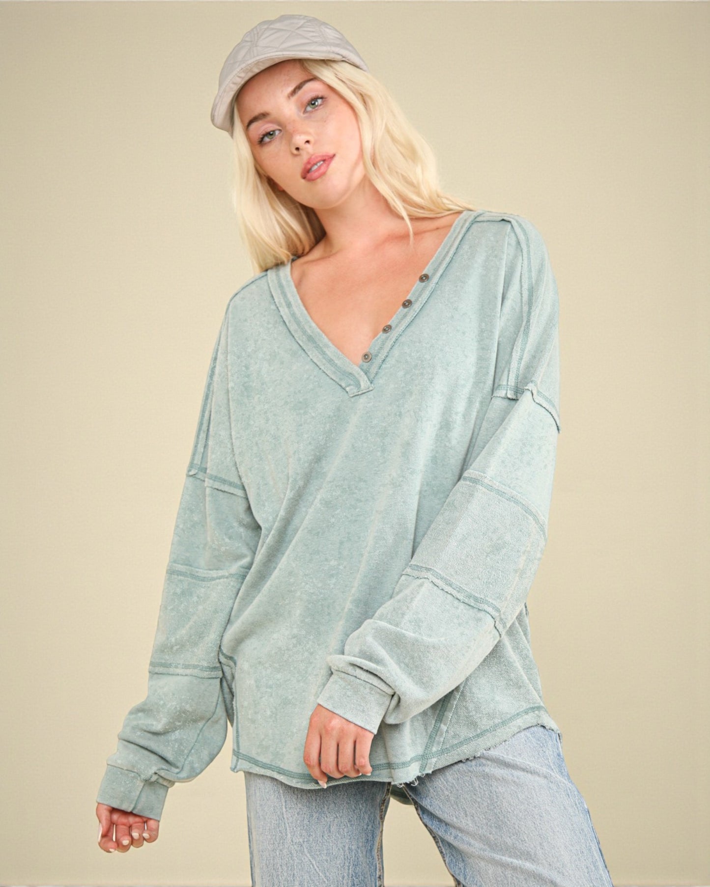 Seafoam Snap V-Neck Pullover