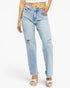 Light wash blue distressed jeans with frayed hems and ripped details on the thighs, shown on a model wearing white platform sandals against a plain white background.