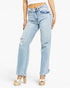 Light wash blue distressed jeans with a straight-leg fit, featuring ripped details on the thighs and cuffed hems, modeled with platform sandals against a plain white background.