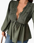 An olive green long-sleeve blouse with a lace-trimmed plunging neckline and a drawstring waist, shown on a model wearing blue jeans against a white background.