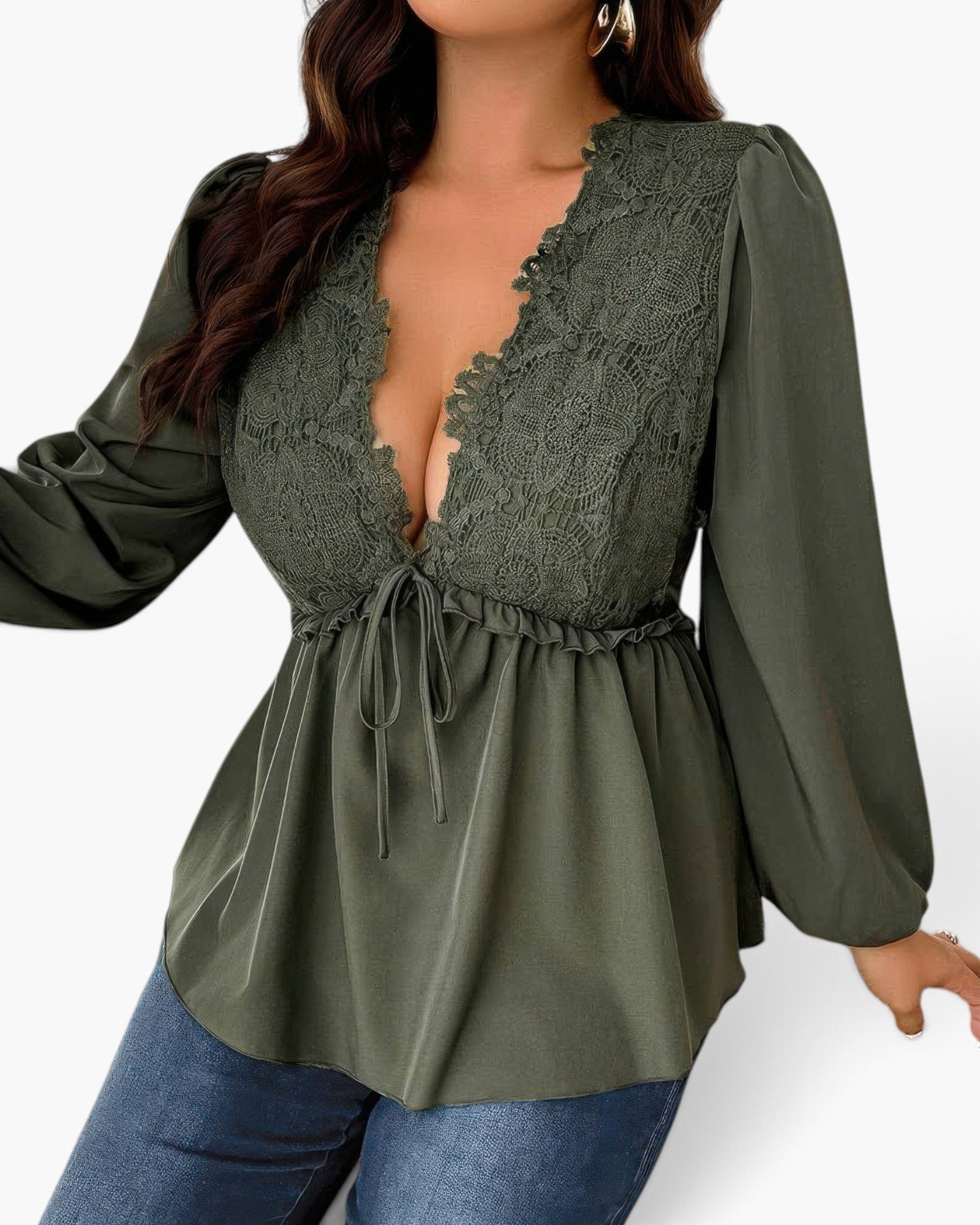 Plus Sized Lace-Panel Tie-Front Peplum Blouse