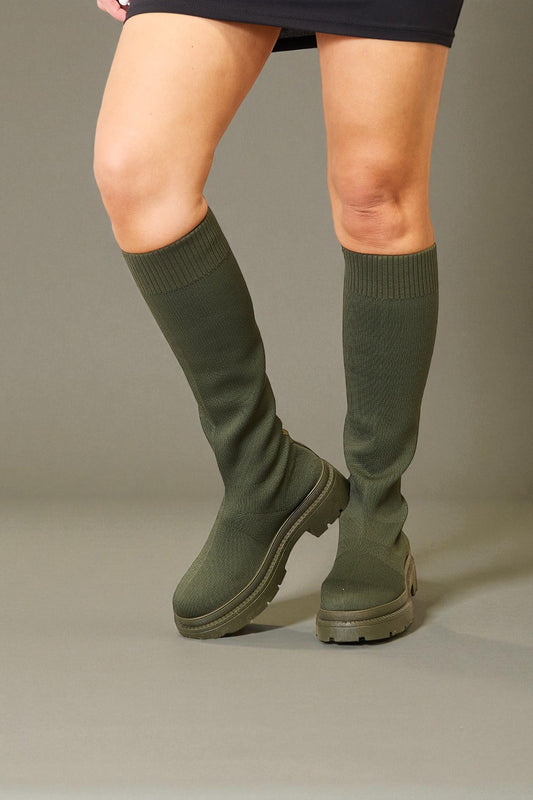 Olive Knit Knee-High Lug Sole Boots