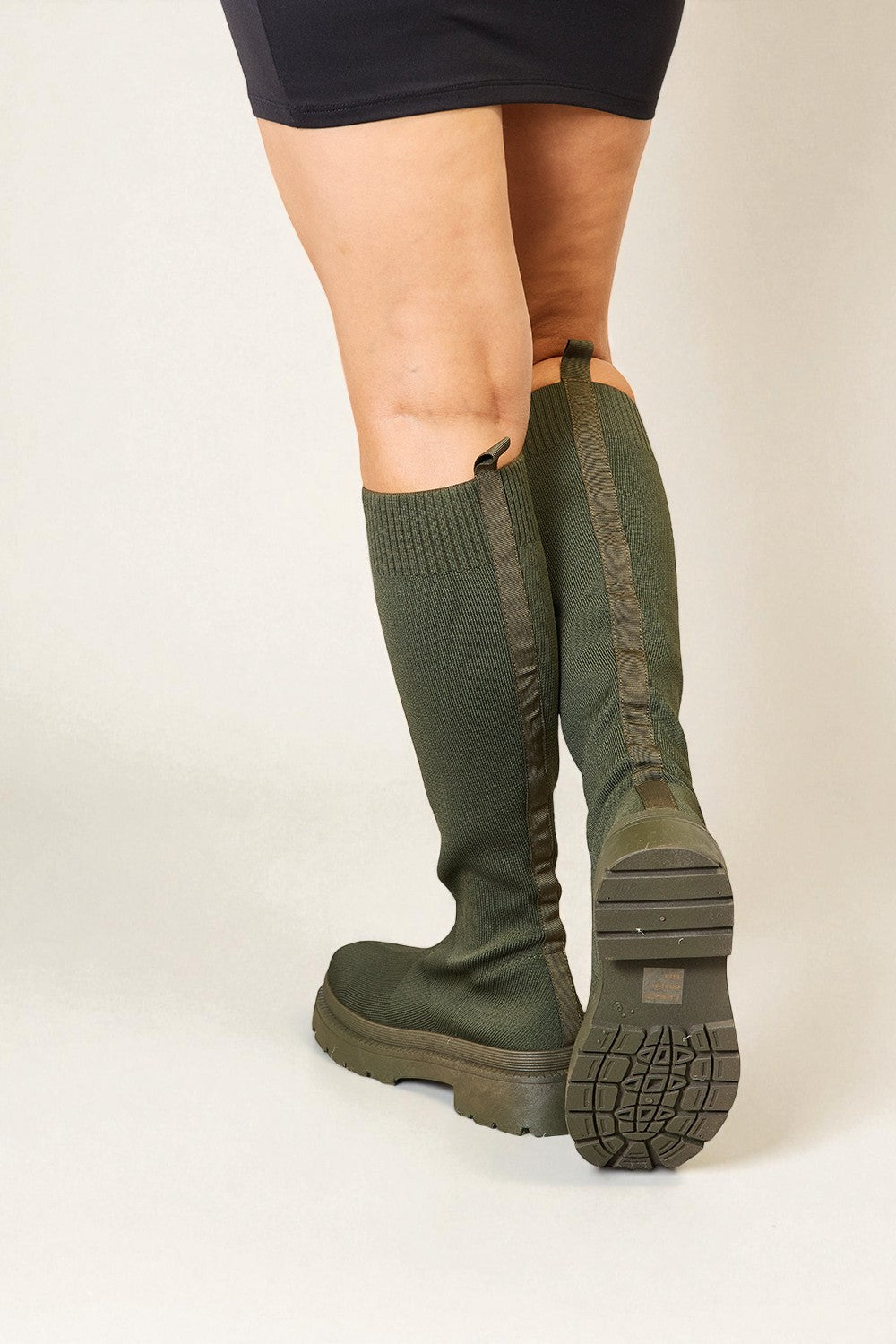 Olive Knit Knee-High Lug Sole Boots