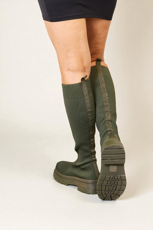 Olive Knit Knee-High Lug Sole Boots
