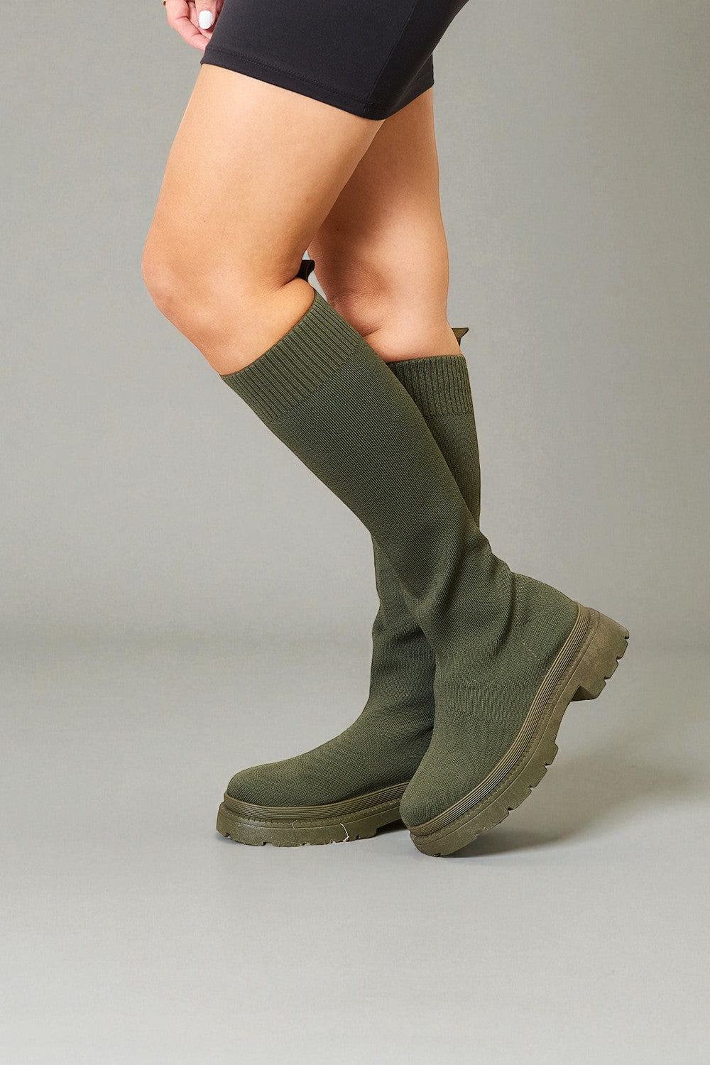 Olive Knit Knee-High Lug Sole Boots