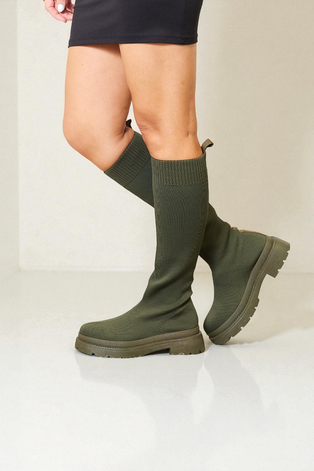 Olive Knit Knee-High Lug Sole Boots