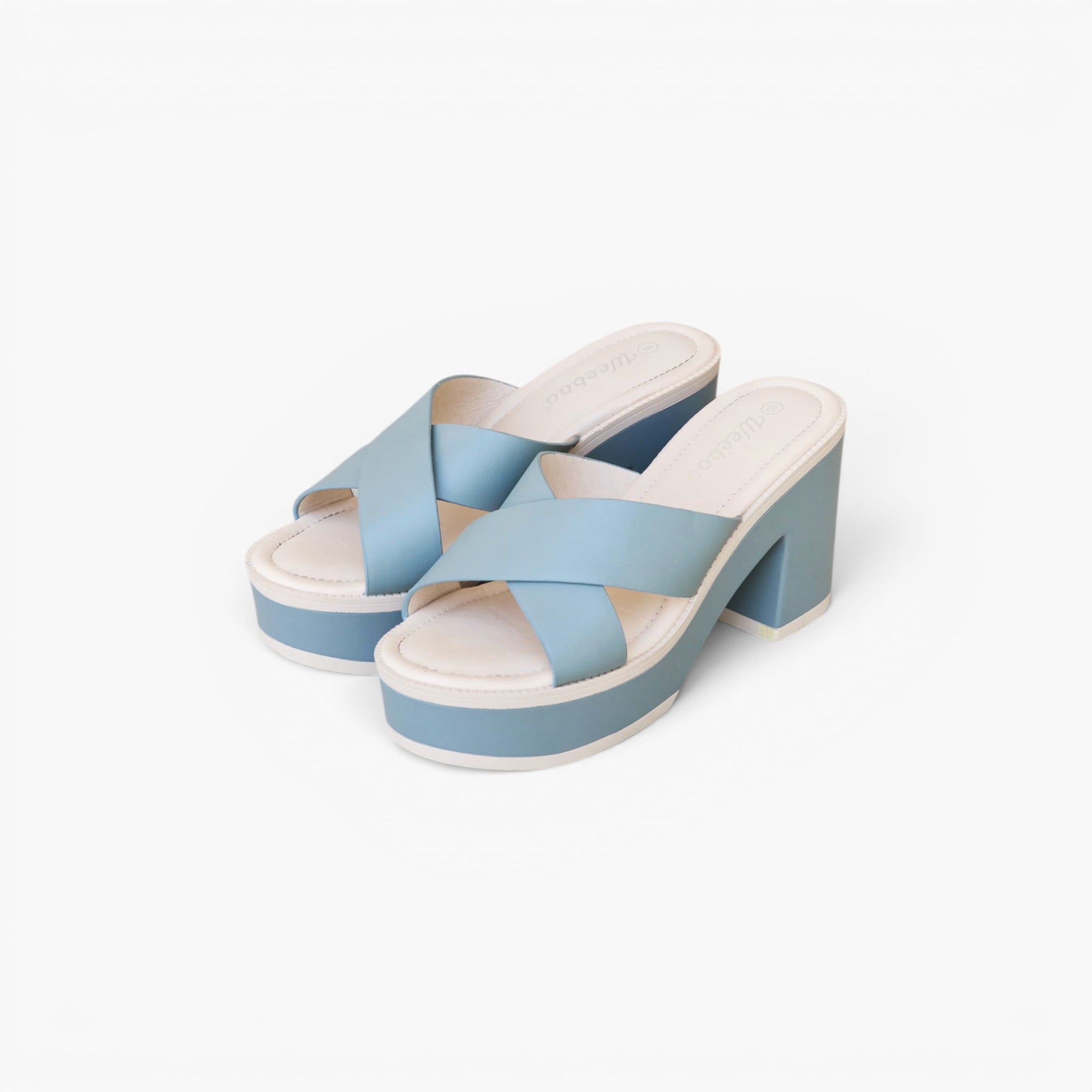 A pair of women's platform mule sandals in light blue and off-white, shown on a clean white background.