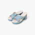 A pair of women's platform mule sandals in light blue and off-white, shown on a clean white background.
