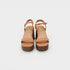 Pair of tan high-heeled sandals on a white background