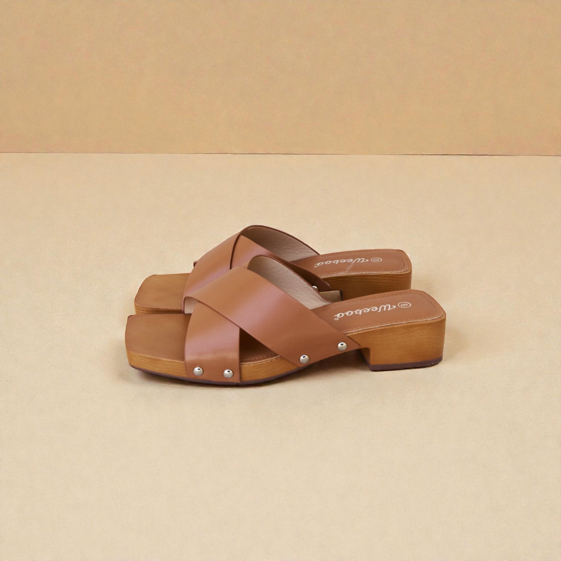 Pair of brown sandals with wooden sole on a beige background