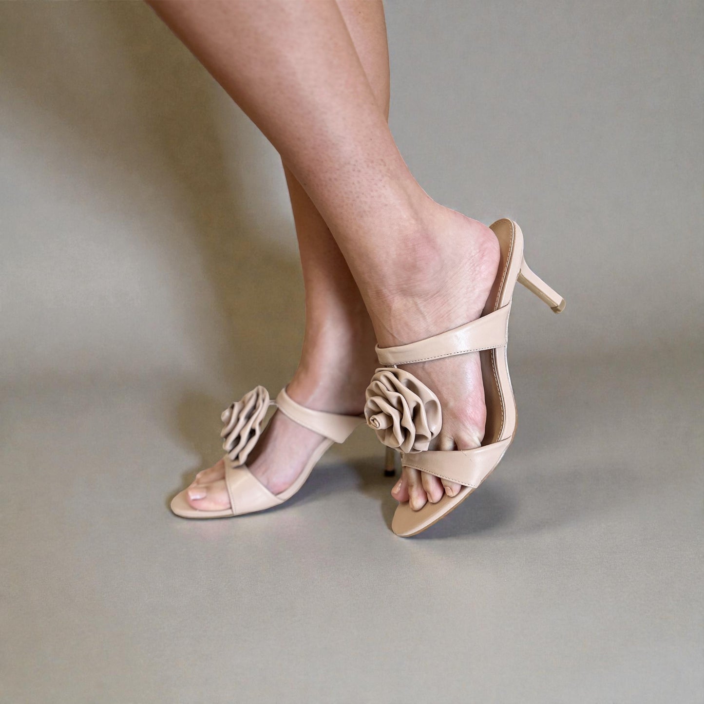 Nude Vegan Leather Floral Ruffle Heel Sandals