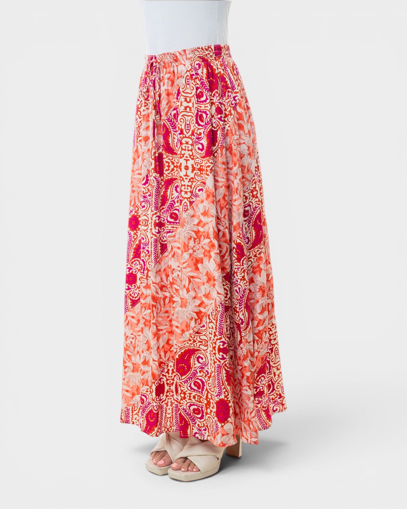 Jupe longue fleurie taille haute en orange