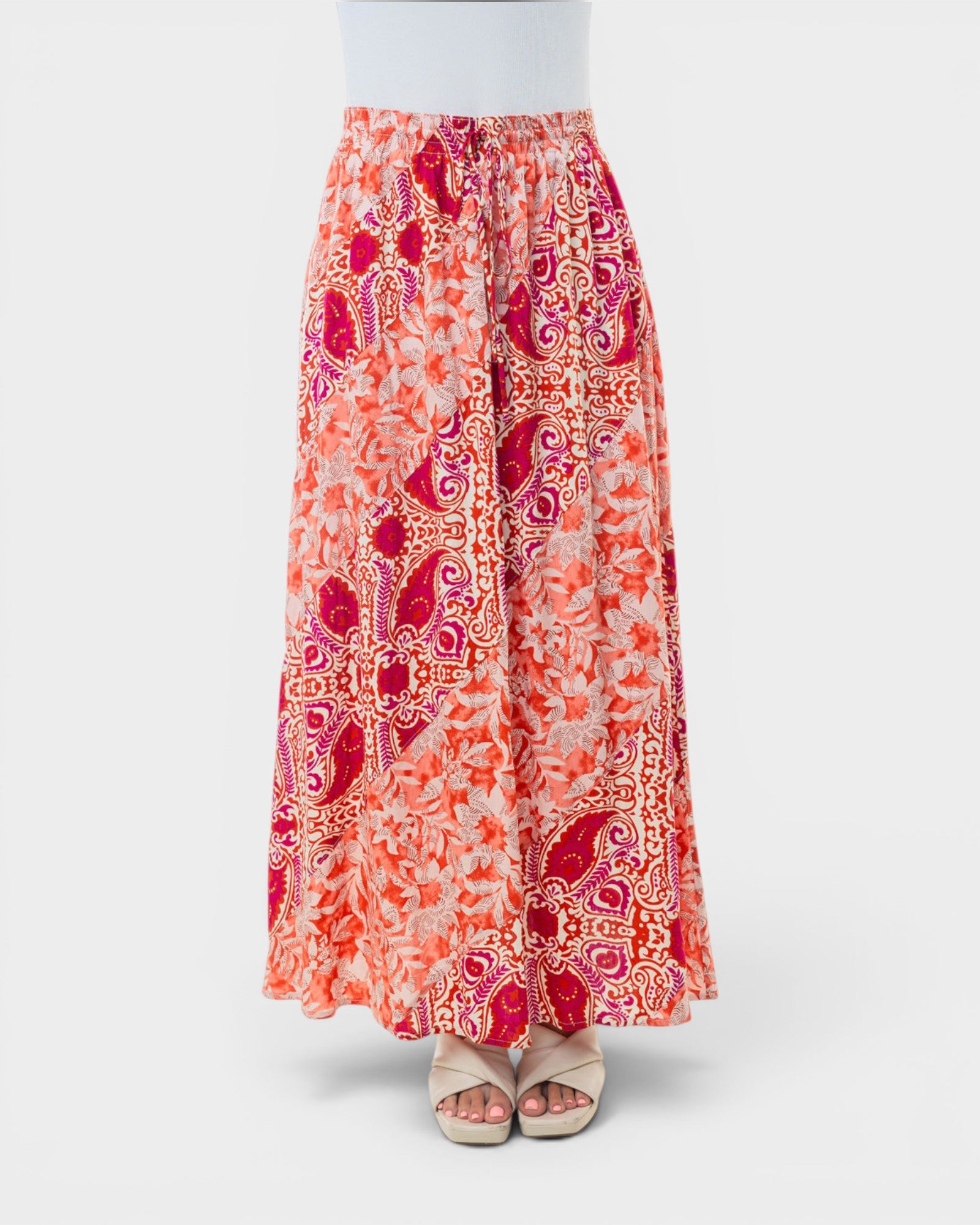 Jupe longue fleurie taille haute en orange
