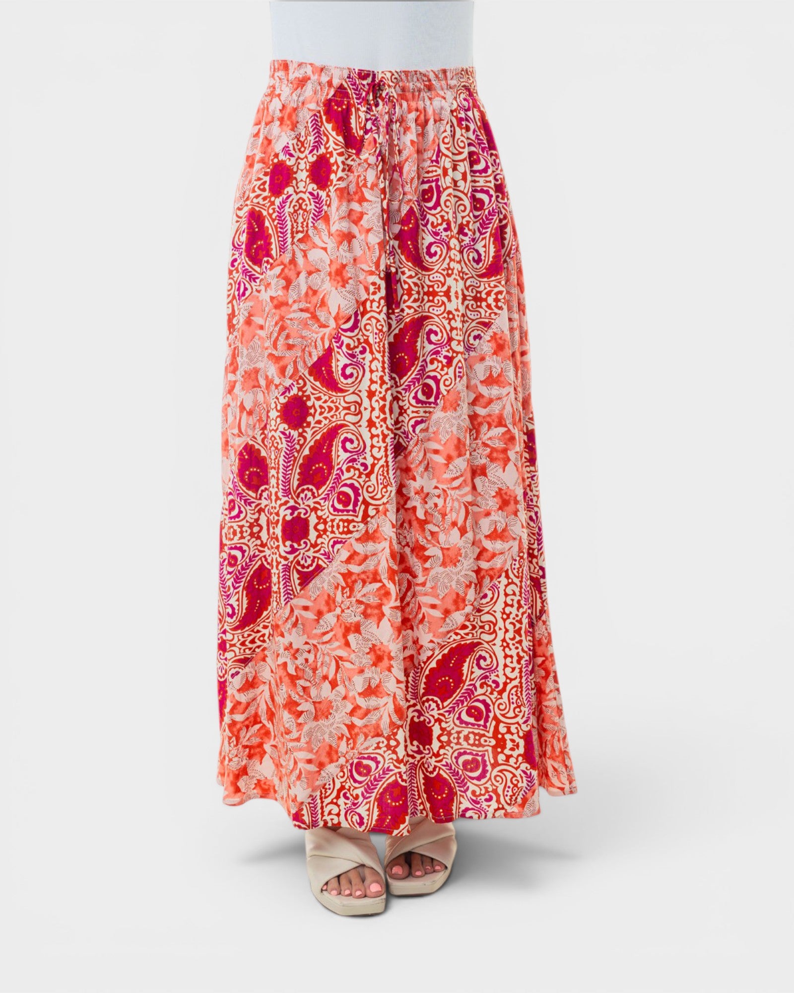 Jupe longue fleurie taille haute en orange