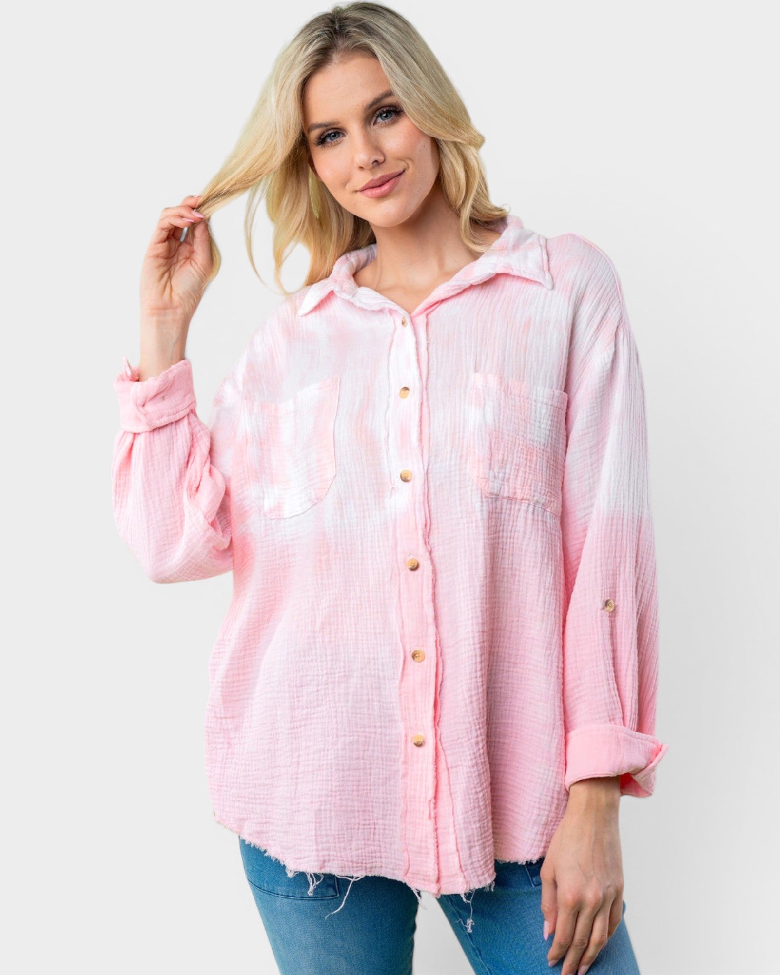 Camisa tie dye de manga larga en color rosa