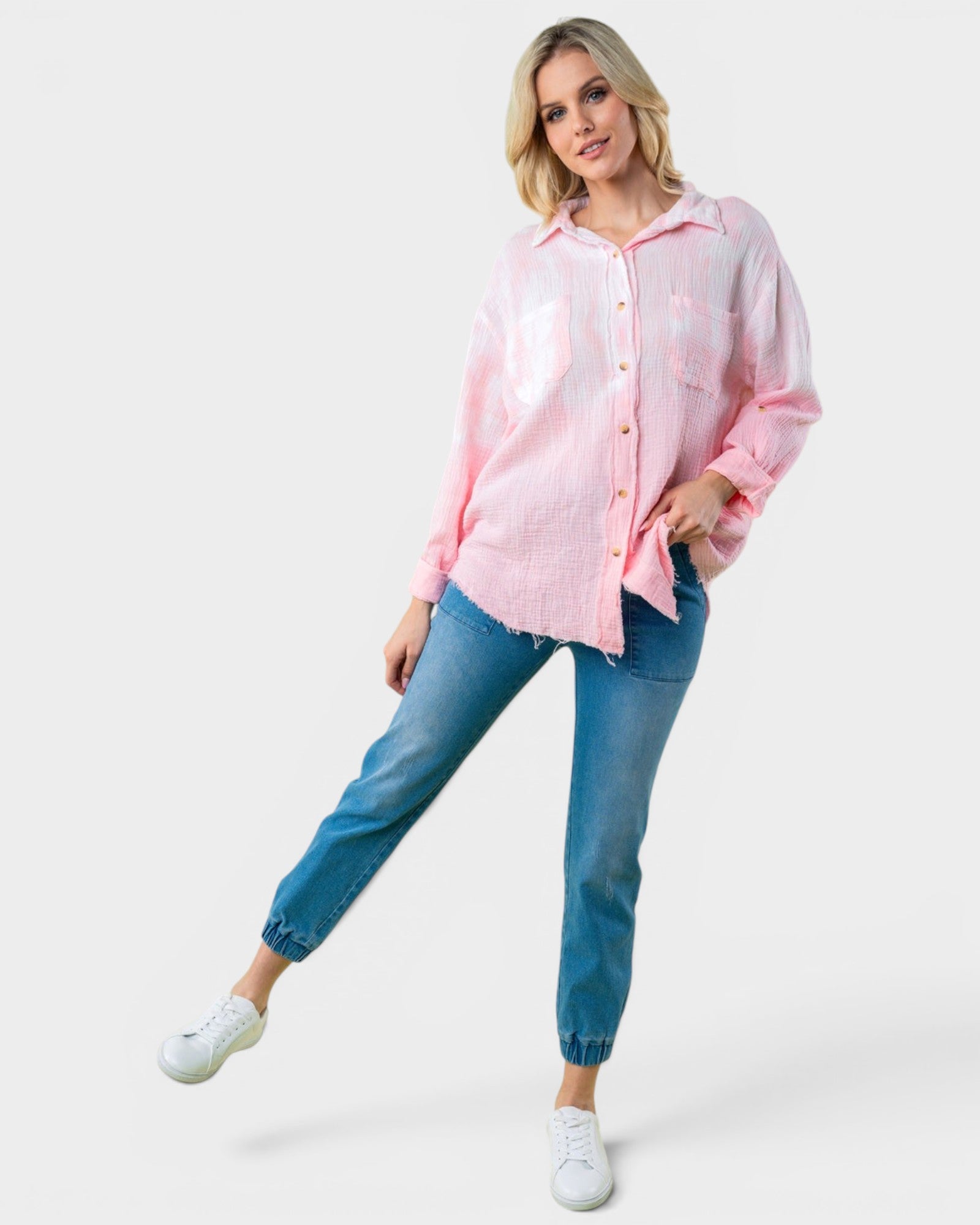 Camisa tie dye de manga larga en color rosa