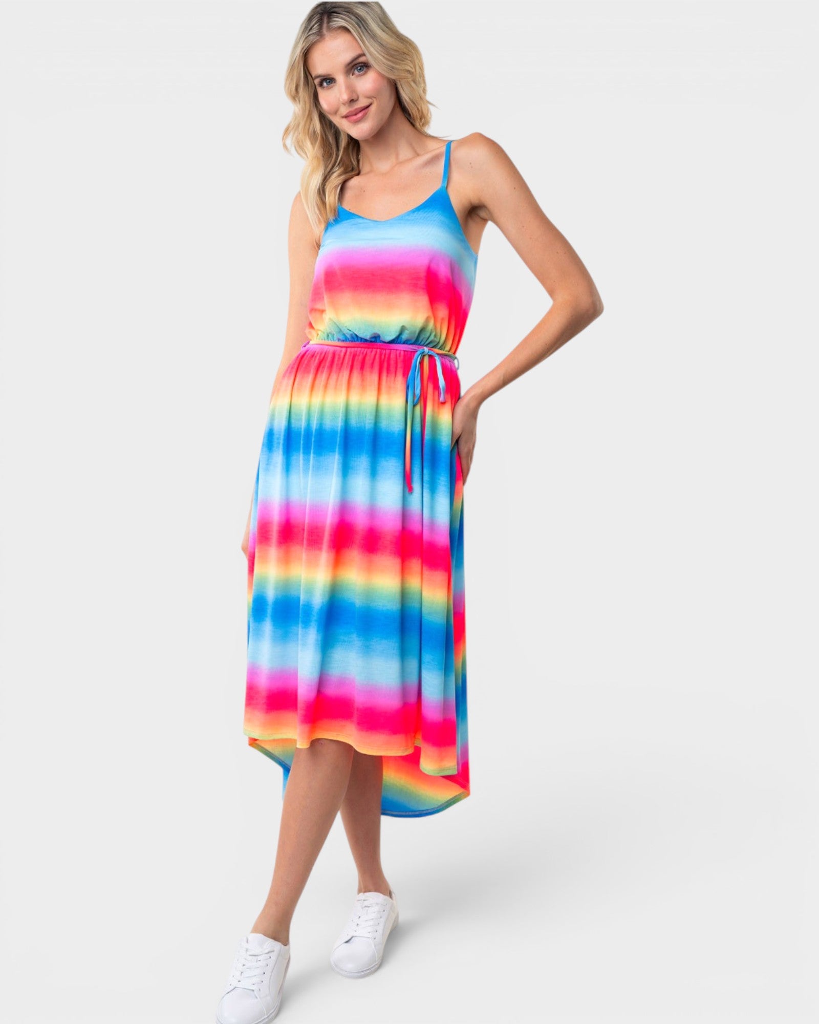 Vestido camisola midi sin mangas con rayas de arcoíris