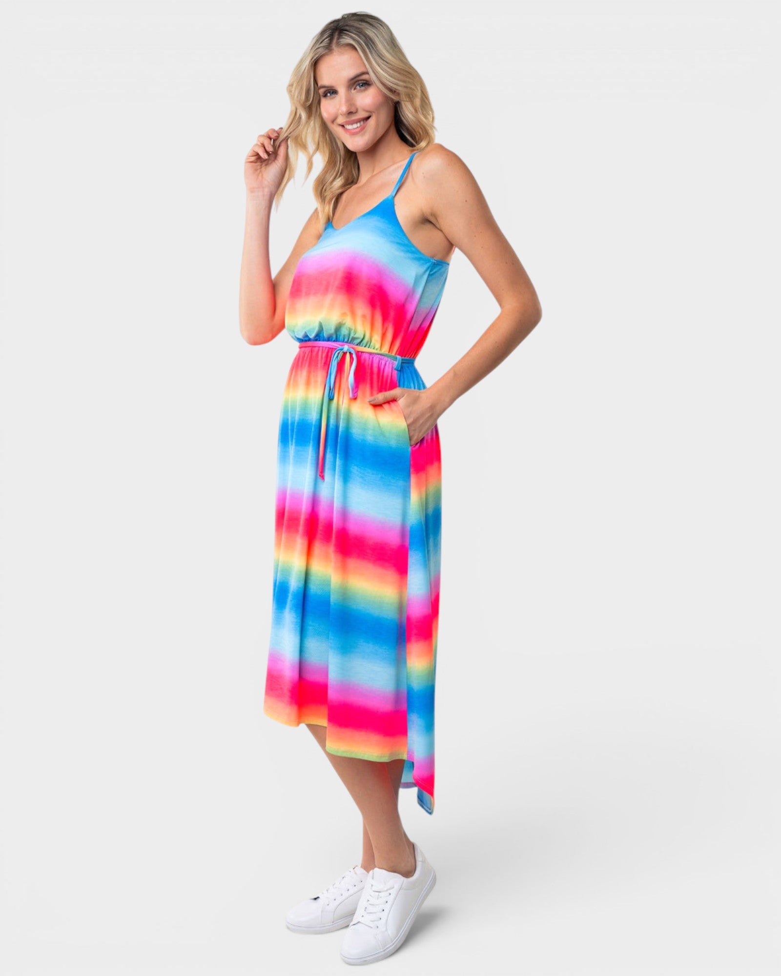 Vestido camisola midi sin mangas con rayas de arcoíris
