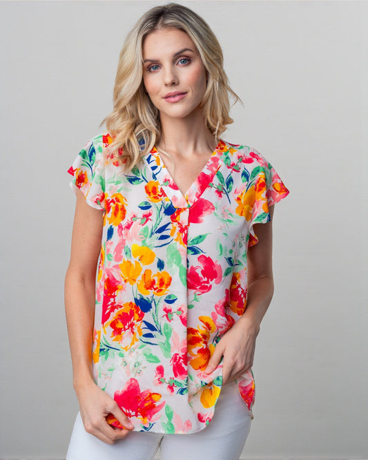 Watercolor Floral Flutter Sleeve Blouse