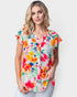 Blusa tejida con flores y mangas cortas en blanco y multicolor