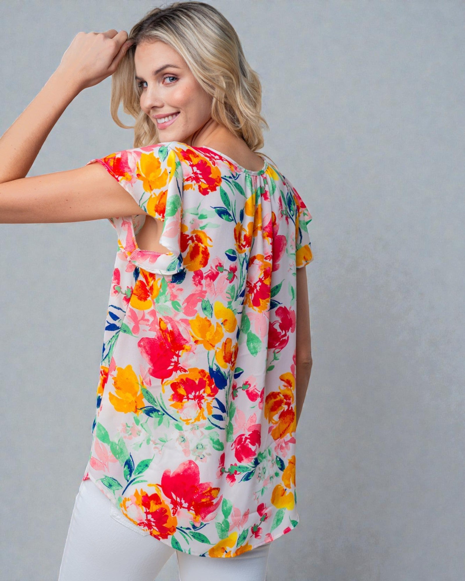 Watercolor Floral Flutter Sleeve Blouse