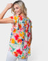 Blusa tejida con flores y mangas cortas en blanco y multicolor