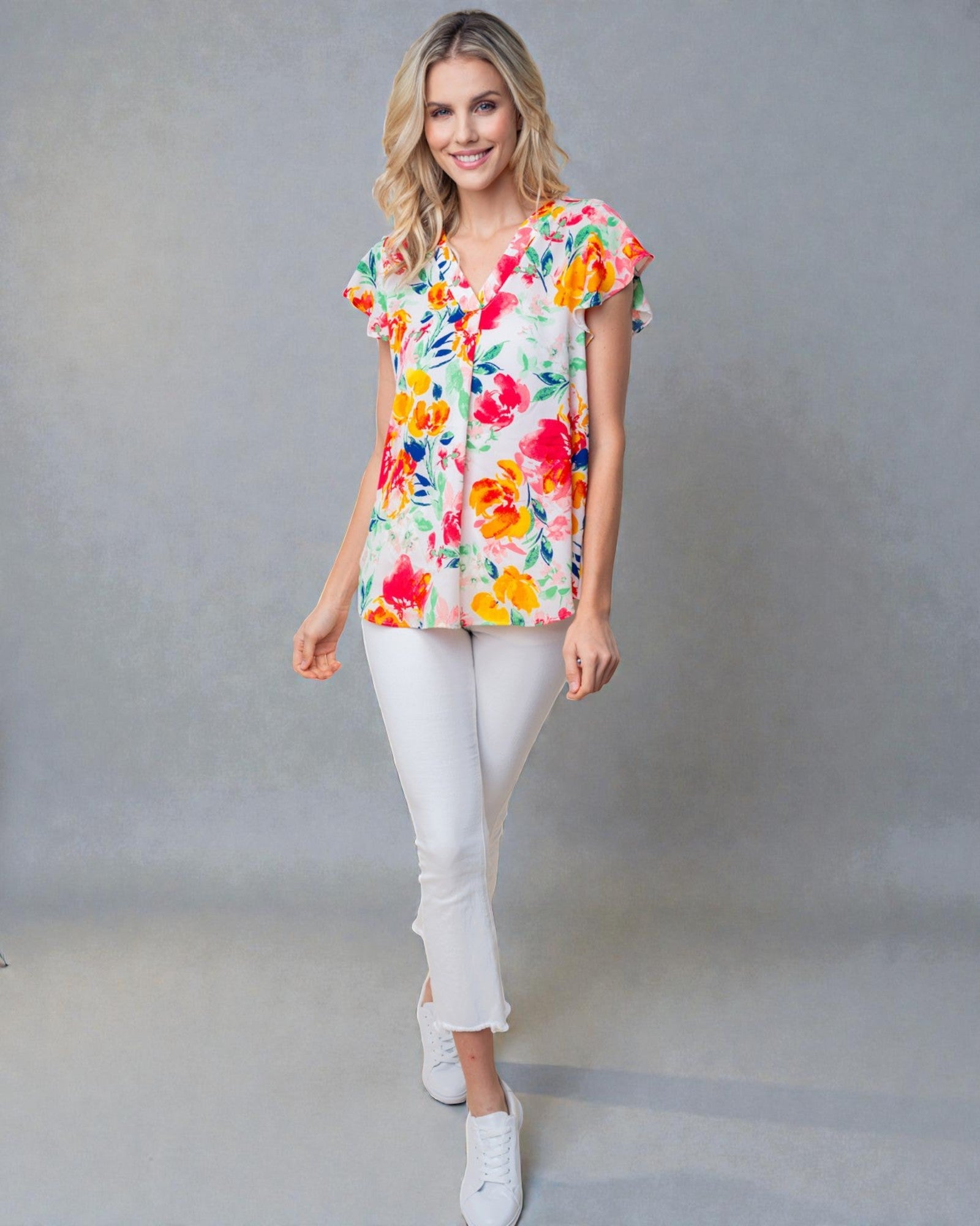 Watercolor Floral Flutter Sleeve Blouse