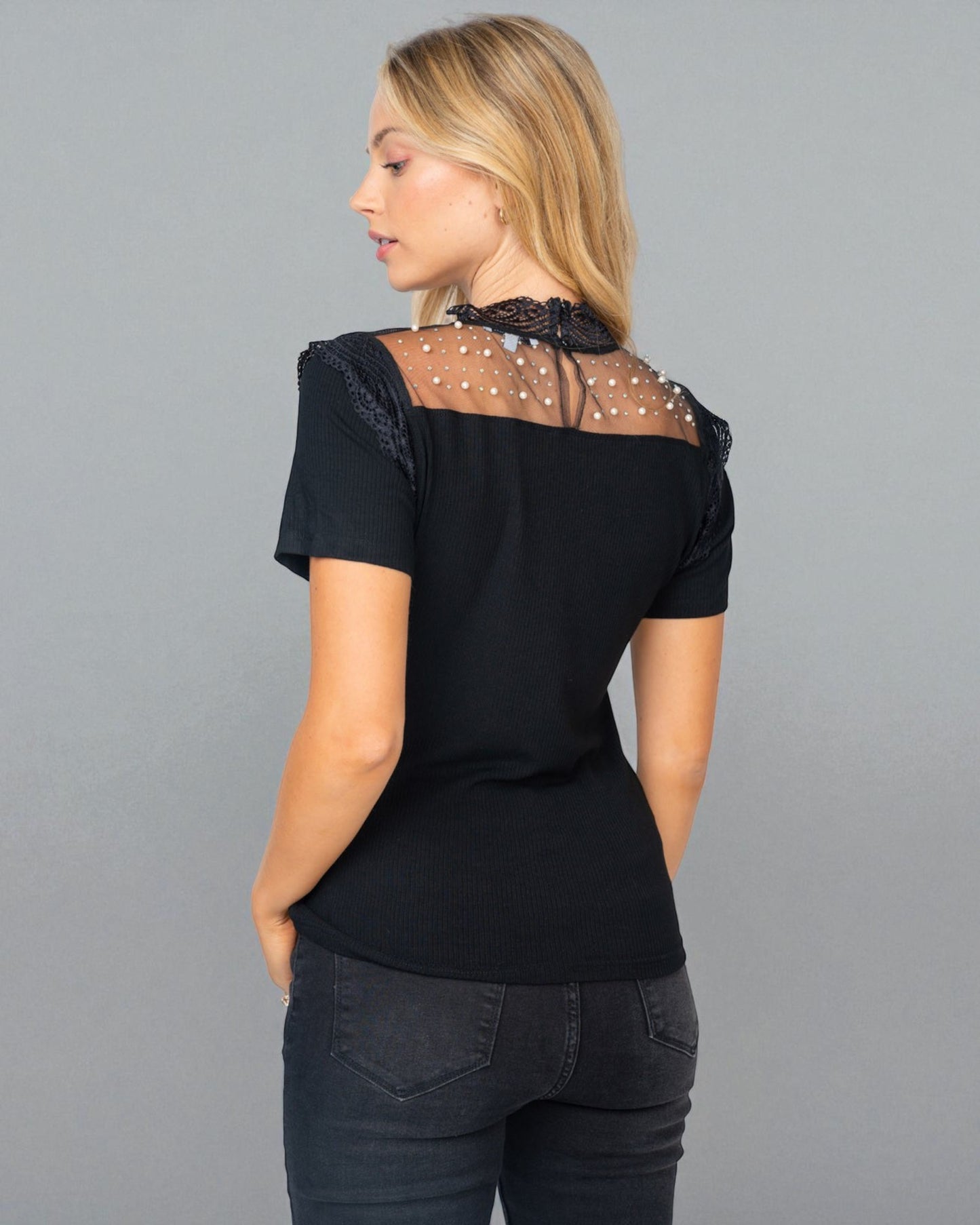 Black Lace & Pearl Mesh Yoke Top