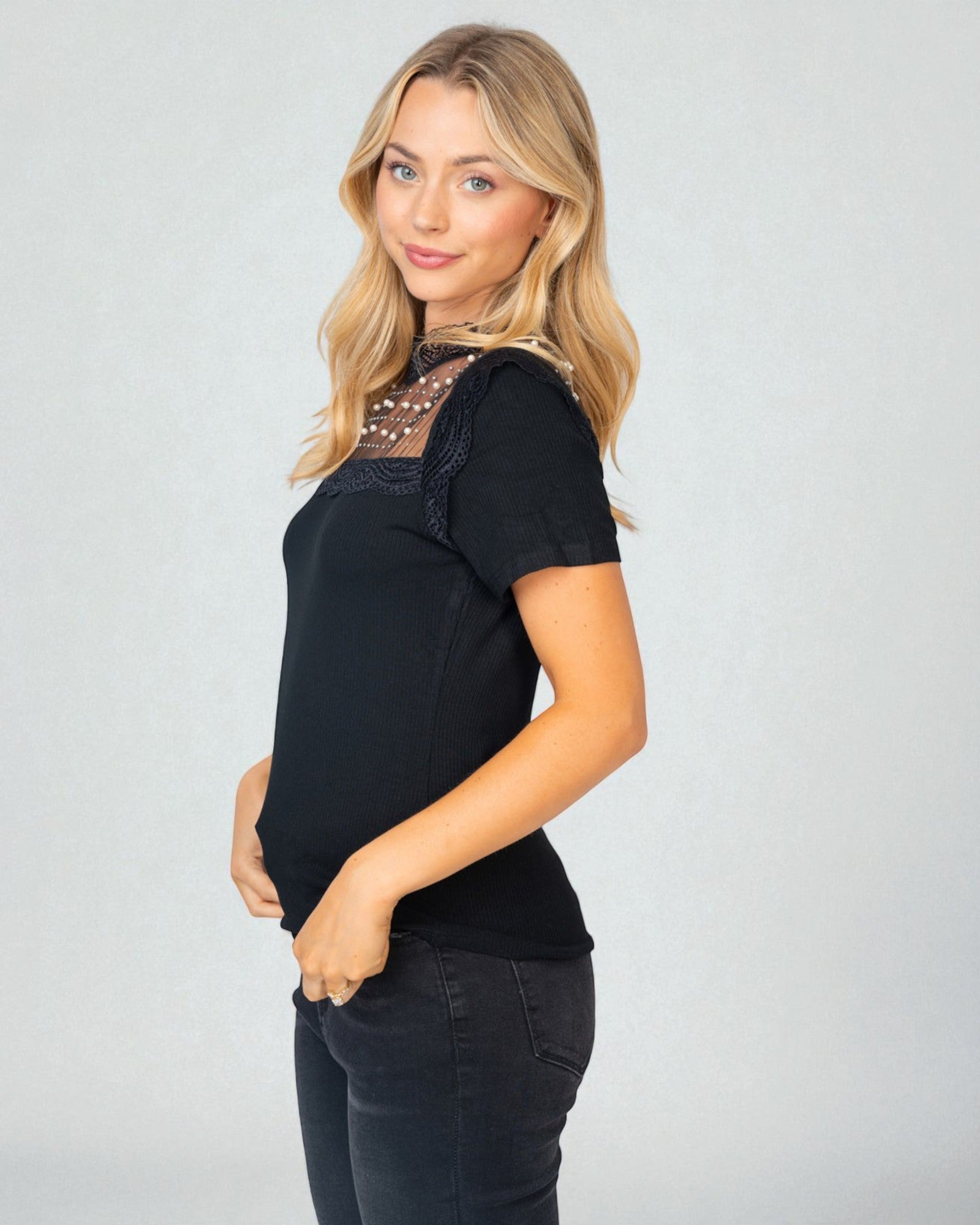 Black Lace & Pearl Mesh Yoke Top