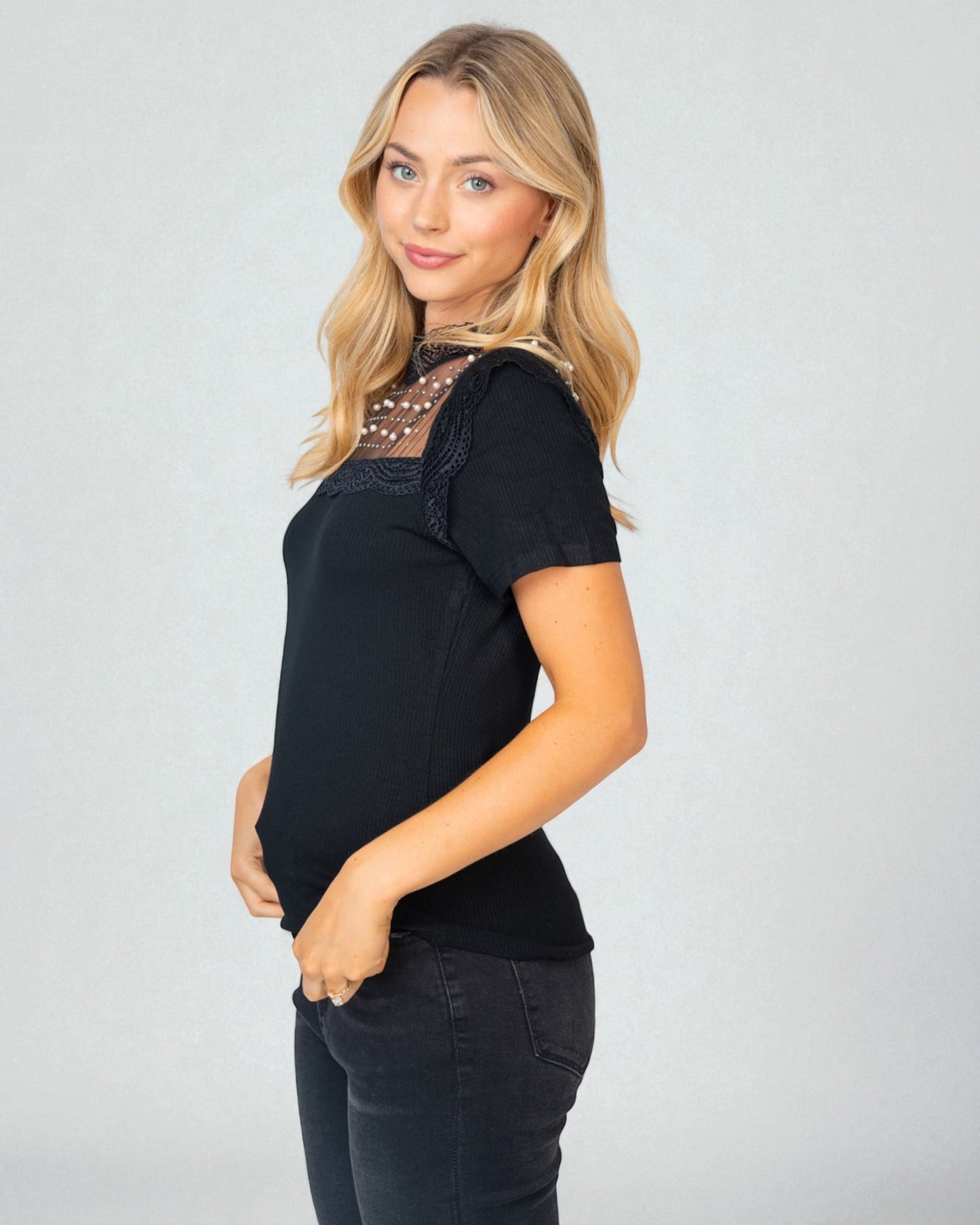 Black Lace & Pearl Mesh Yoke Top