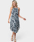 Vestido midi sin mangas con estampado floral negro fruncido y anudado