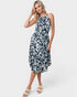 Vestido midi sin mangas con estampado floral negro fruncido y anudado
