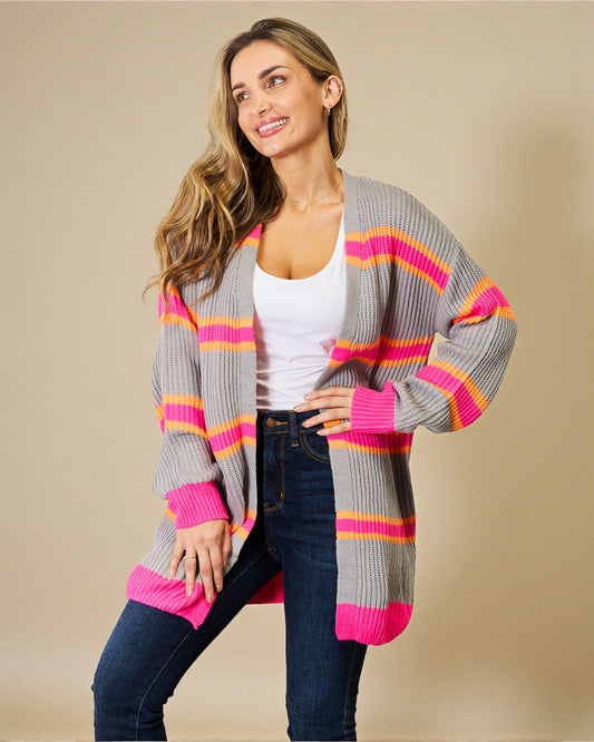 Cárdigan de manga larga de punto acanalado en gris oscuro