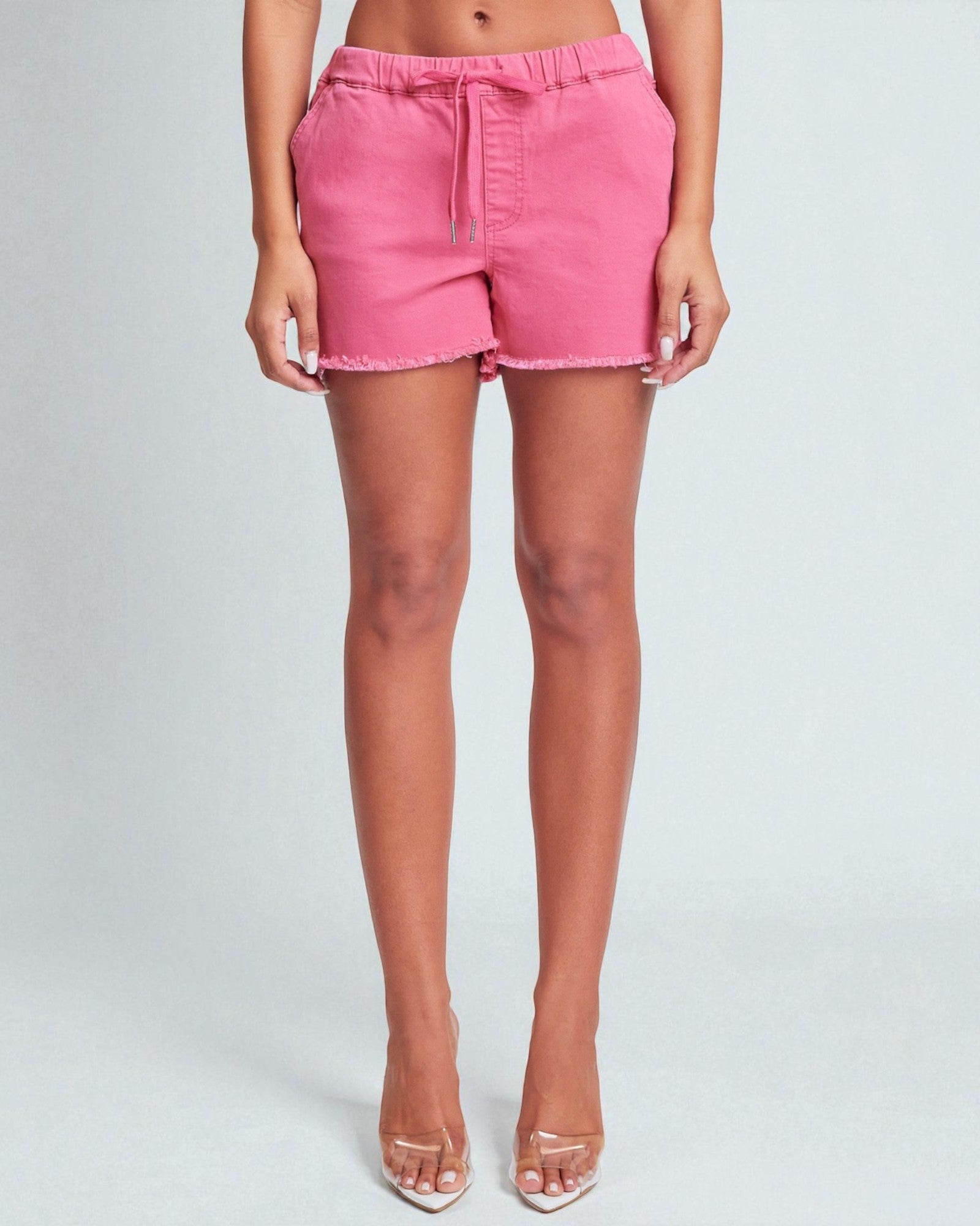 Pink Frayed Hem Drawstring Shorts