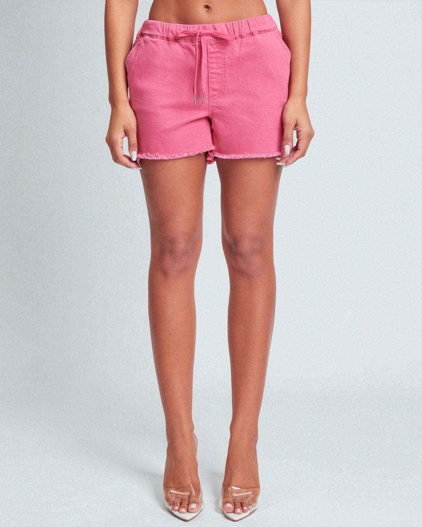 Pink Frayed Hem Drawstring Shorts