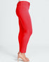 Red jeans worn by a person on a white background