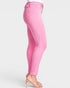 Pink jeans worn by a person on a white background