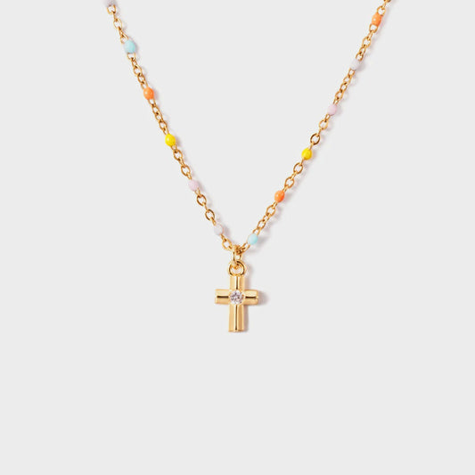 Gold Inlaid Zircon Cross Beaded Necklace