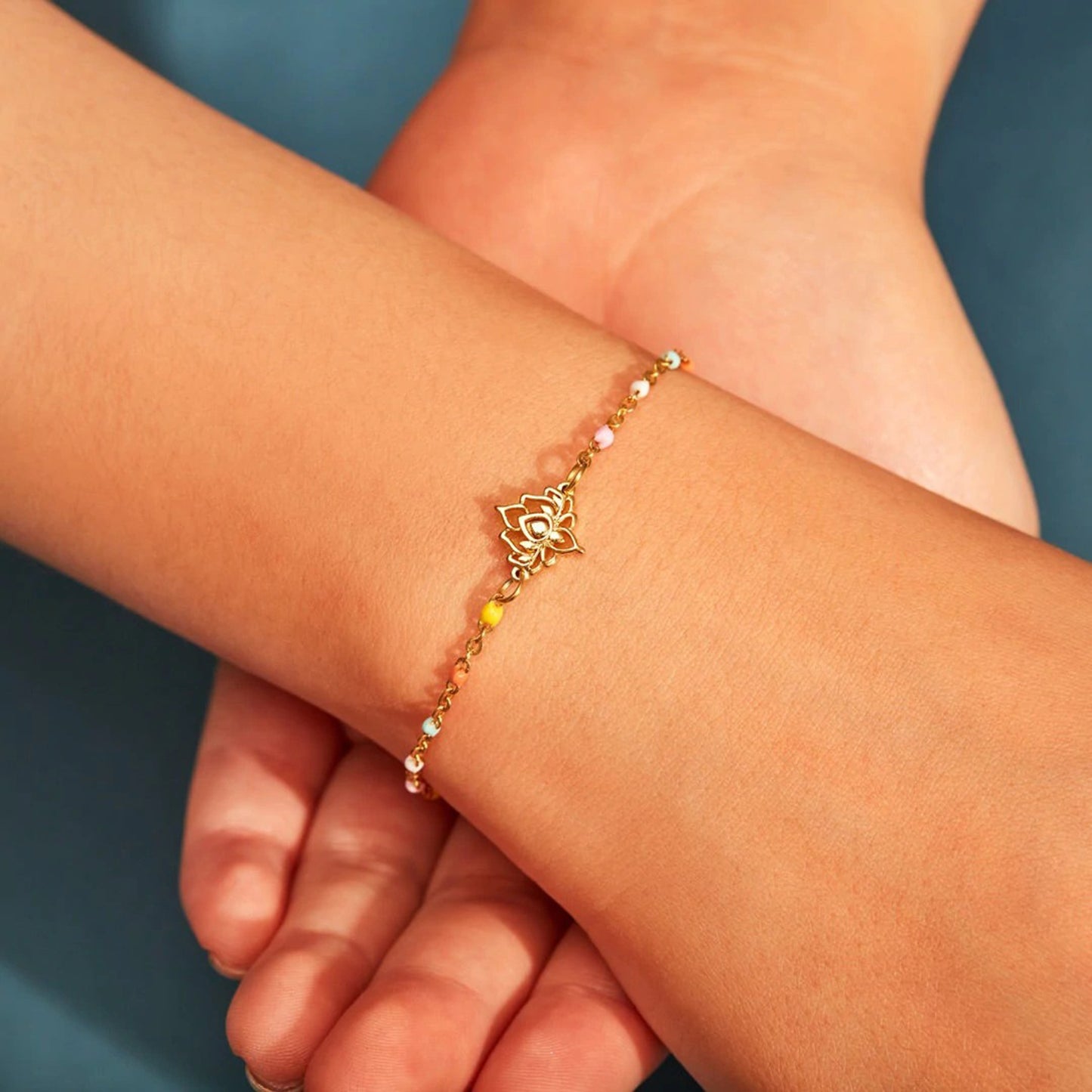 Gold Lotus Flower Charm Beaded Bracelet
