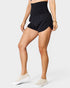 Person wearing black athletic shorts on a white background