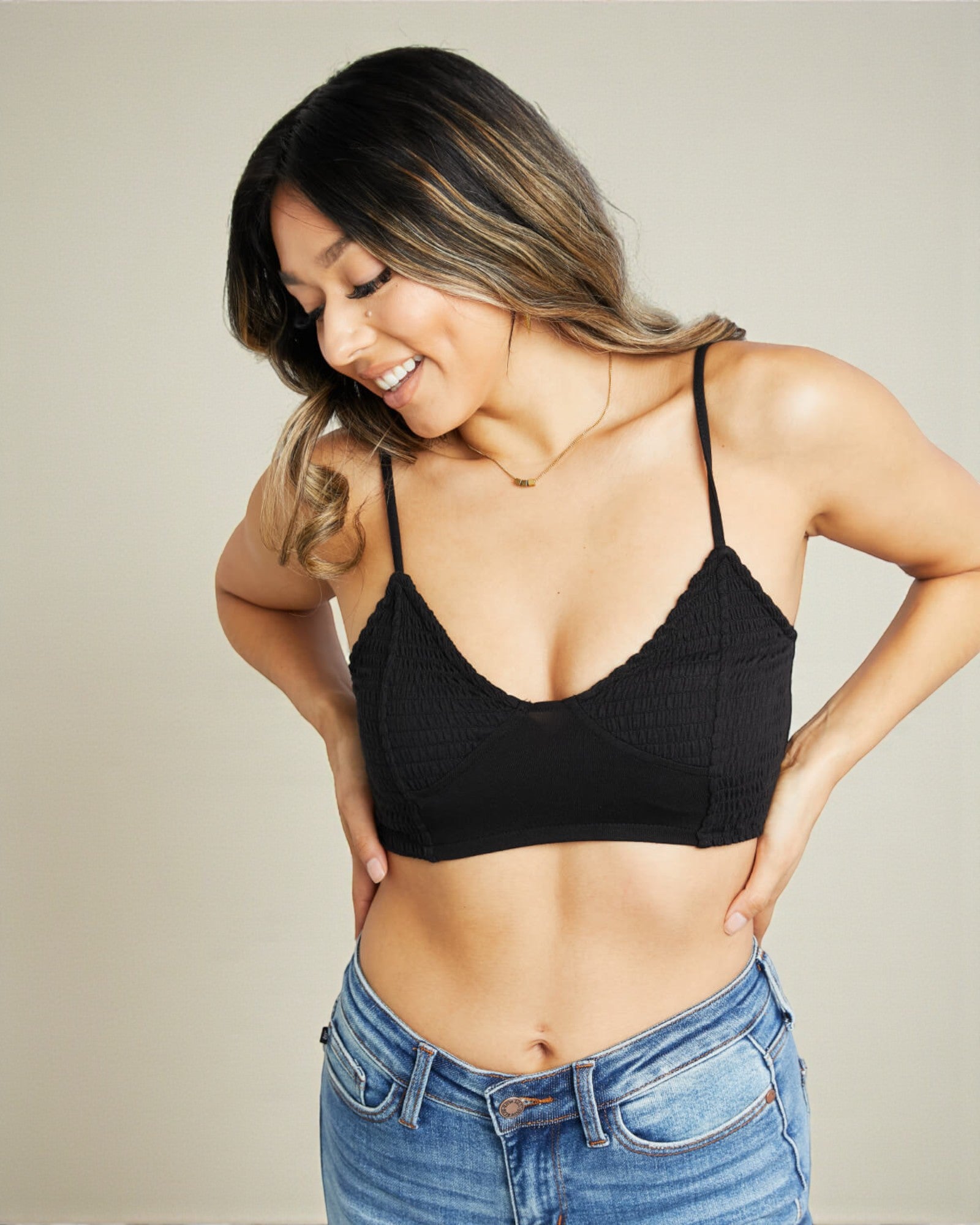 Black Smocked Adjustable Strap Bralette