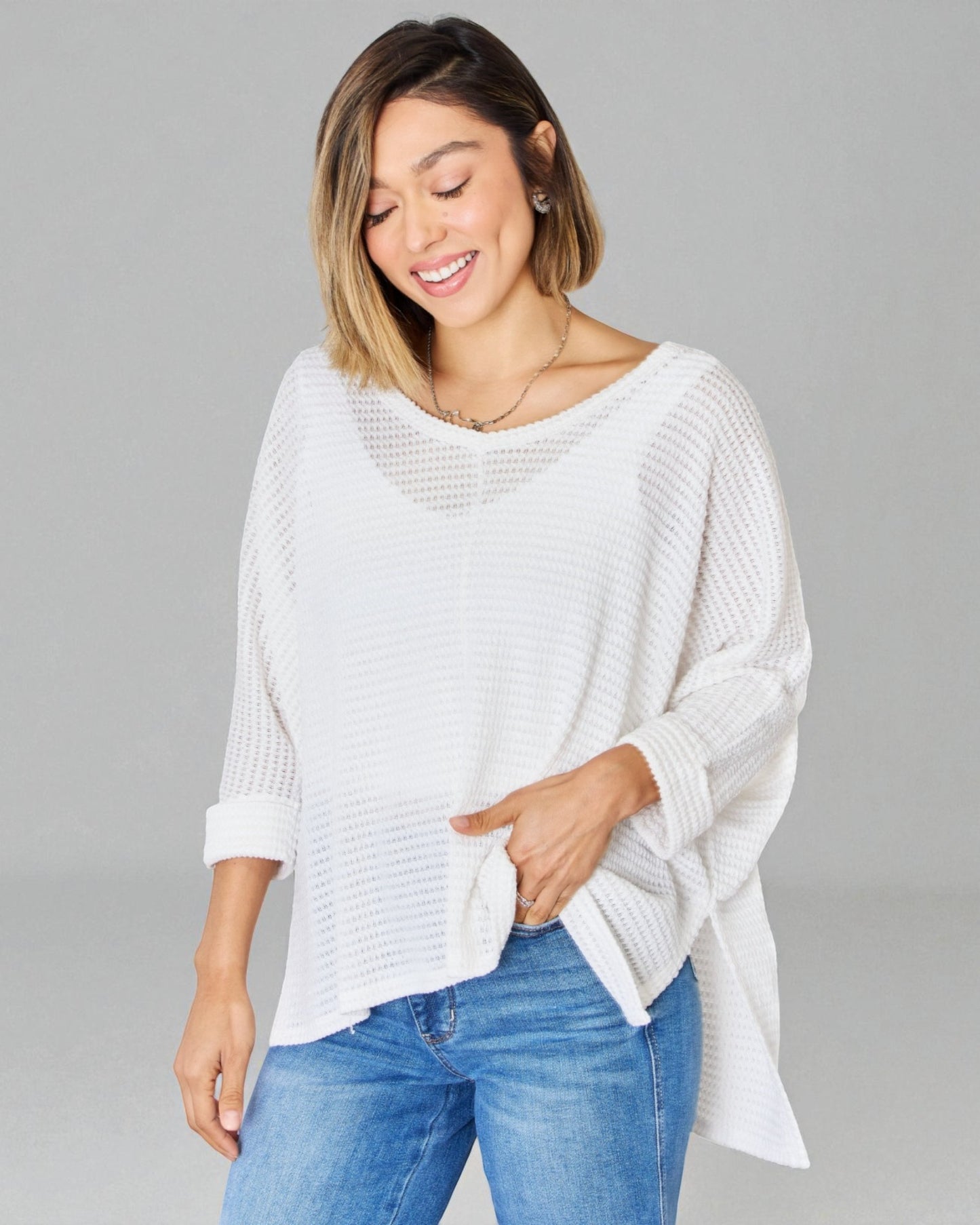 White Waffle Knit Split Hem Sweater