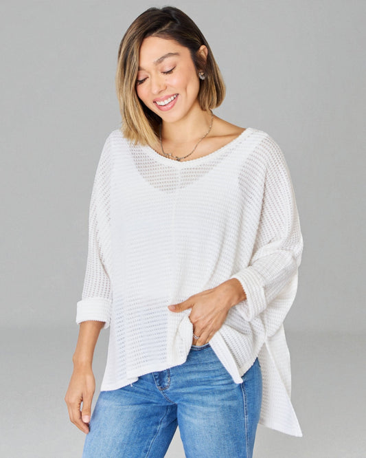 White Waffle Knit Split Hem Sweater