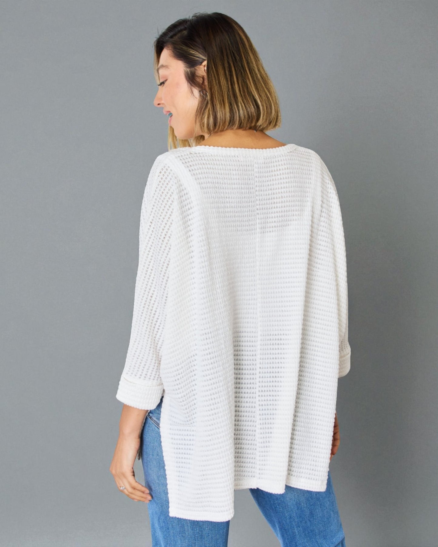 White Waffle Knit Split Hem Sweater