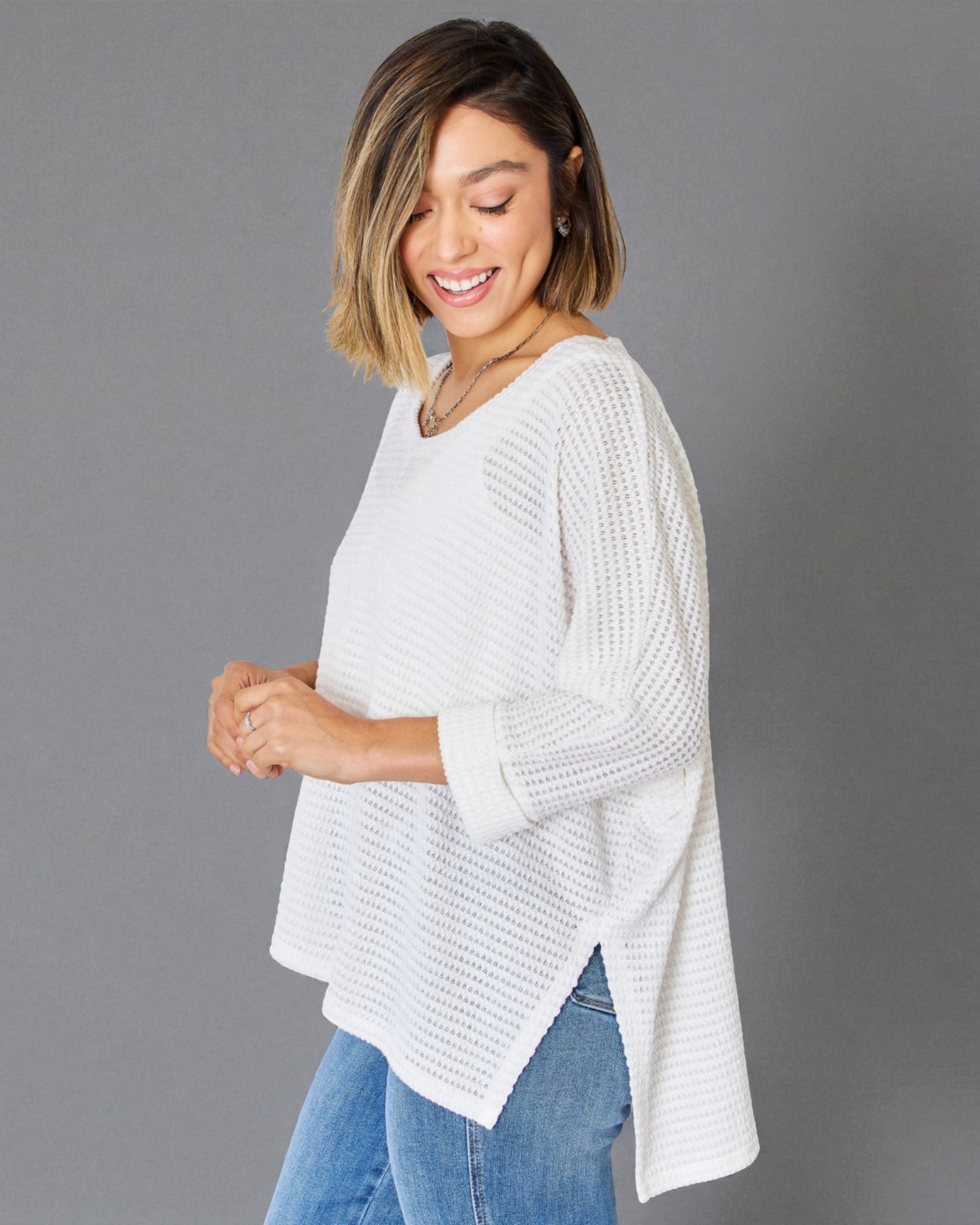 White Waffle Knit Split Hem Sweater