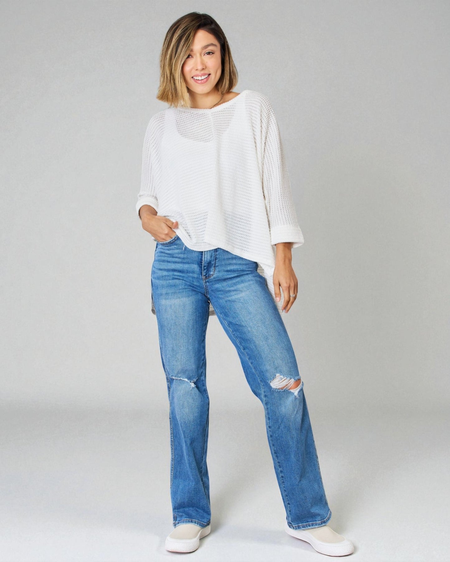 White Waffle Knit Split Hem Sweater