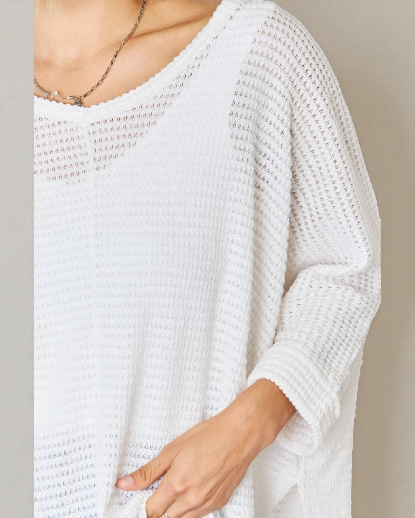 White Waffle Knit Split Hem Sweater