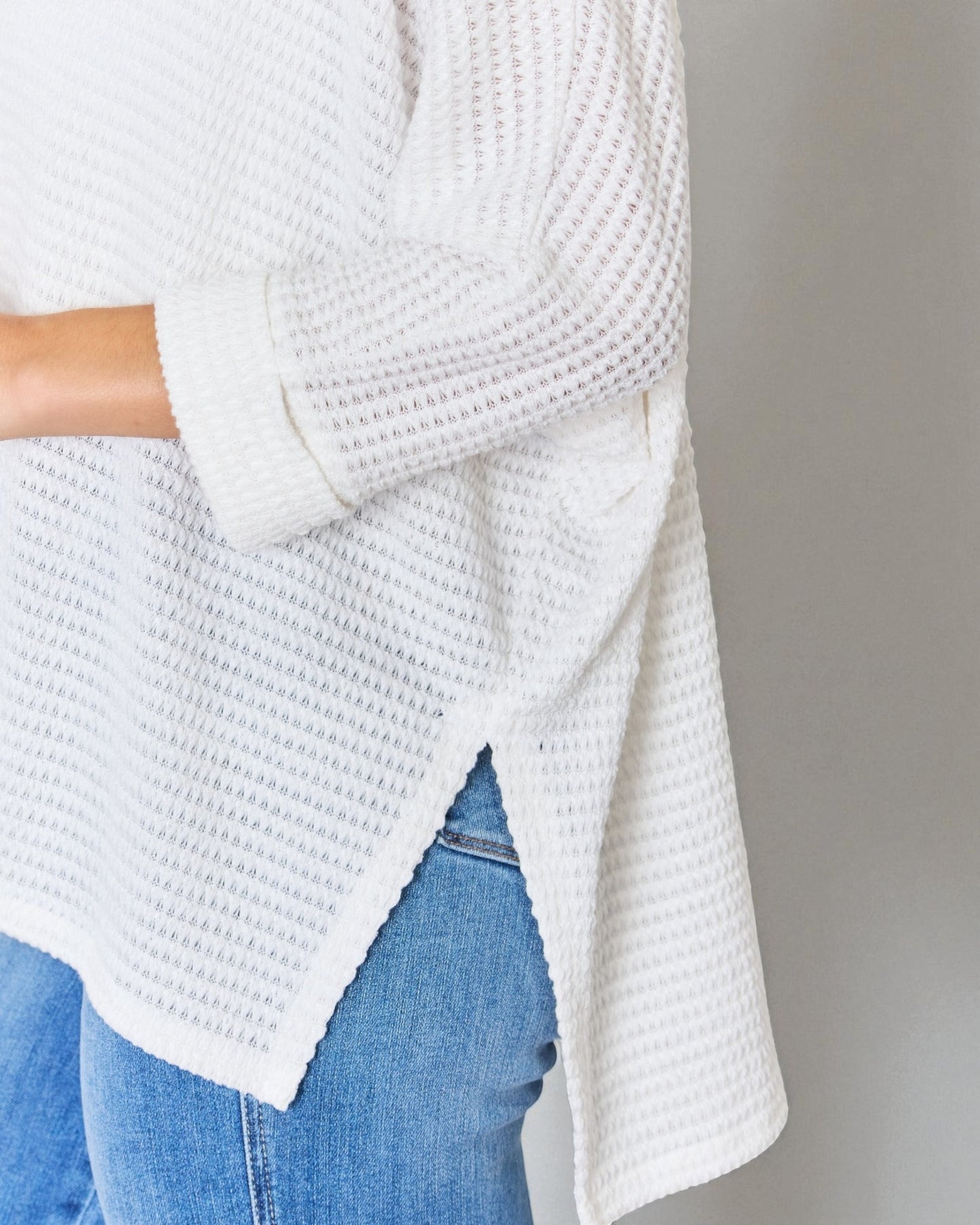 White Waffle Knit Split Hem Sweater